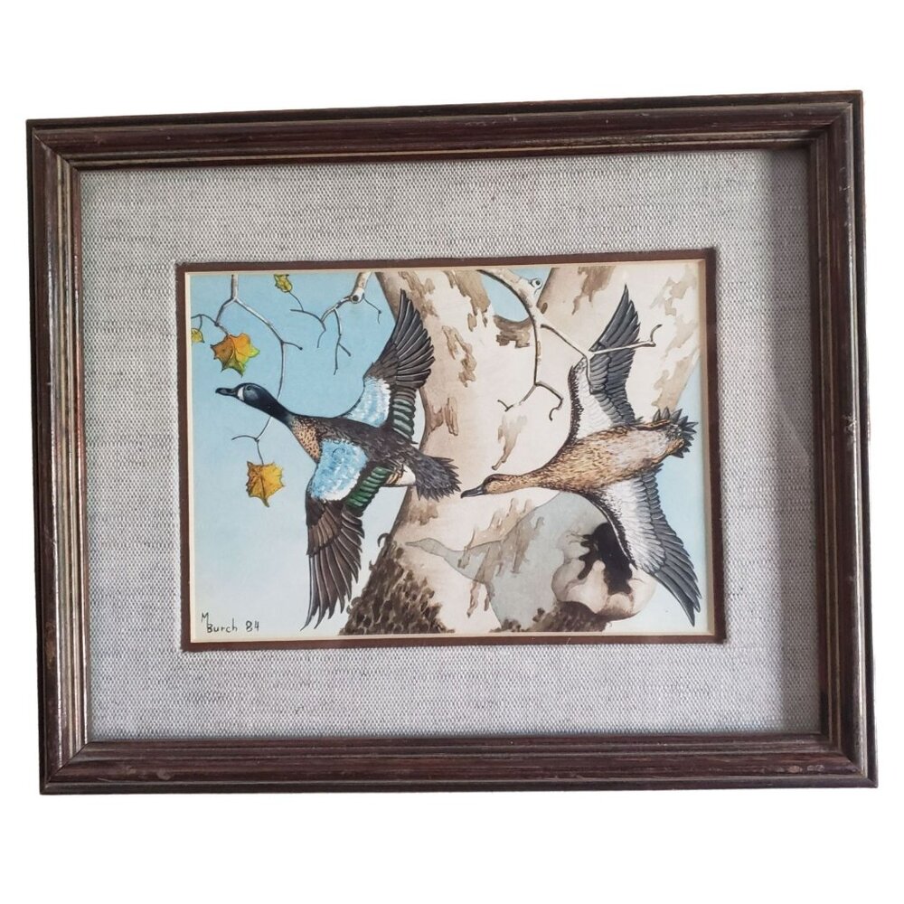 Vintage Duck Birds Flying Watercolor Painting Signed M Burch 84